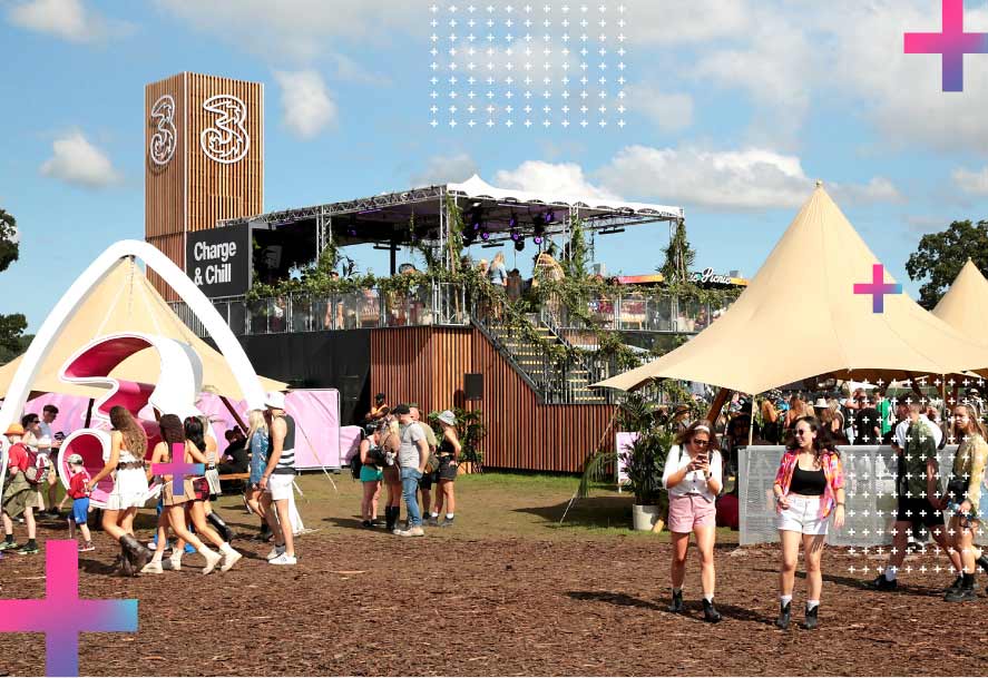 A bustling Electric Picnic festival scene features tents, a Three "Charge & Chill" building, and numerous attendees under a partly cloudy sky with digital cross overlays. A bustling Electric Picnic festival scene features tents, a Three "Charge & Chill" building, and numerous attendees under a partly cloudy sky with digital cross overlays.