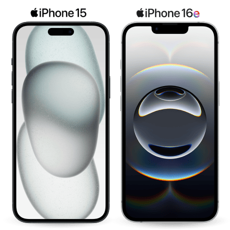 Front image of white iPhone 15 and black iPhone 16e devices